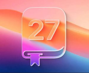 أيقونة iOS 27 بنص رقم 27 بارز وسط تدرج لوني نابض، مع شكل وشمعة الخطوط اللامعة المرتبط بنظام Apple