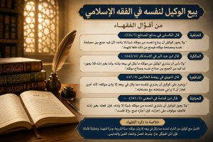 منظر كتب قديمة وقلم ريشة مع لوحة نص عربي عنوانها بيع الوكيل لنفسه في الفقه الإسلامي بين الجواز والمنع وأقوال ابن باز