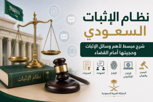 ملصق يضم نص نظام الإثبات السعودي: شرح مبسط لأهم وسائل الإثبات وحجيتها أمام القضاء مع رمز ميزان ذهبي وأيقونات أدلة.